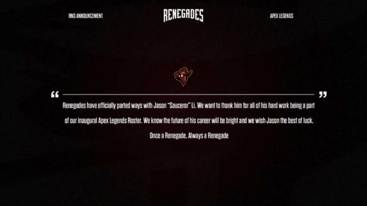 Sauceror покинул состав Renegades по Apex Legends