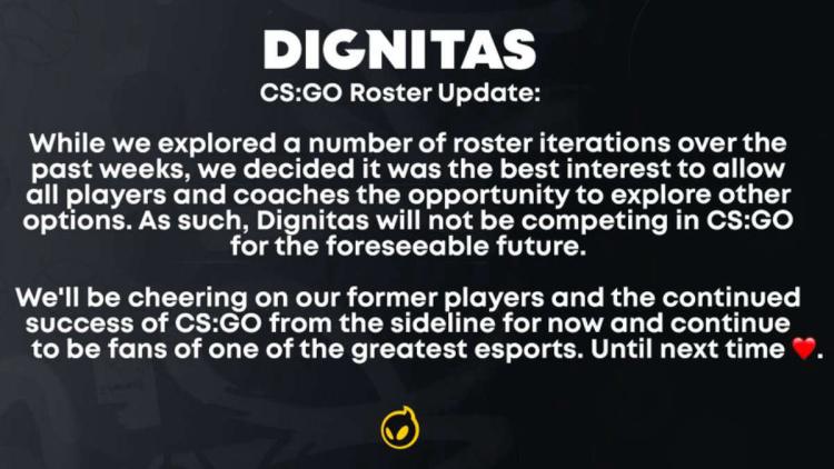 Dignitas распускает свой предыдущий состав и уходит из CS:GO