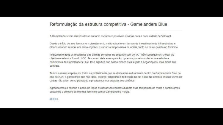 Gamelanders Blue заявили о предстоящих изменениях в их Valorant-подразделении