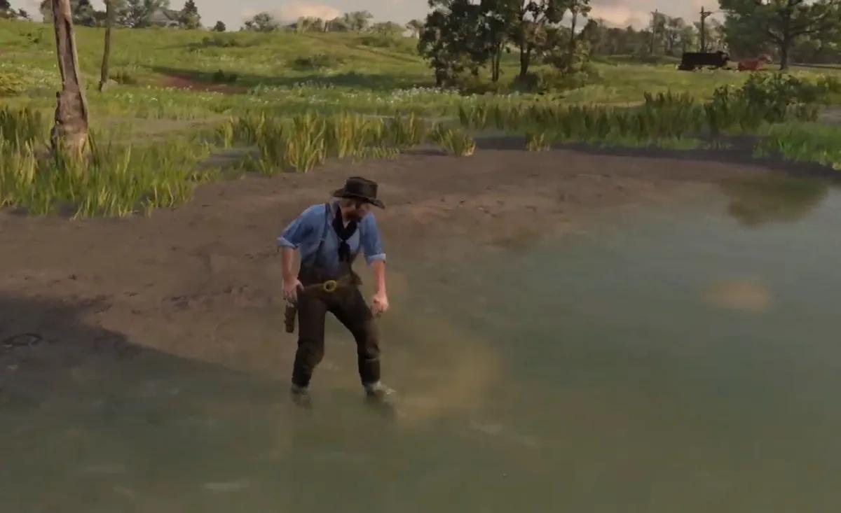 Мод для Red Dead Redemption 2 добавляет возможность полноценного мытья рек и озёр.