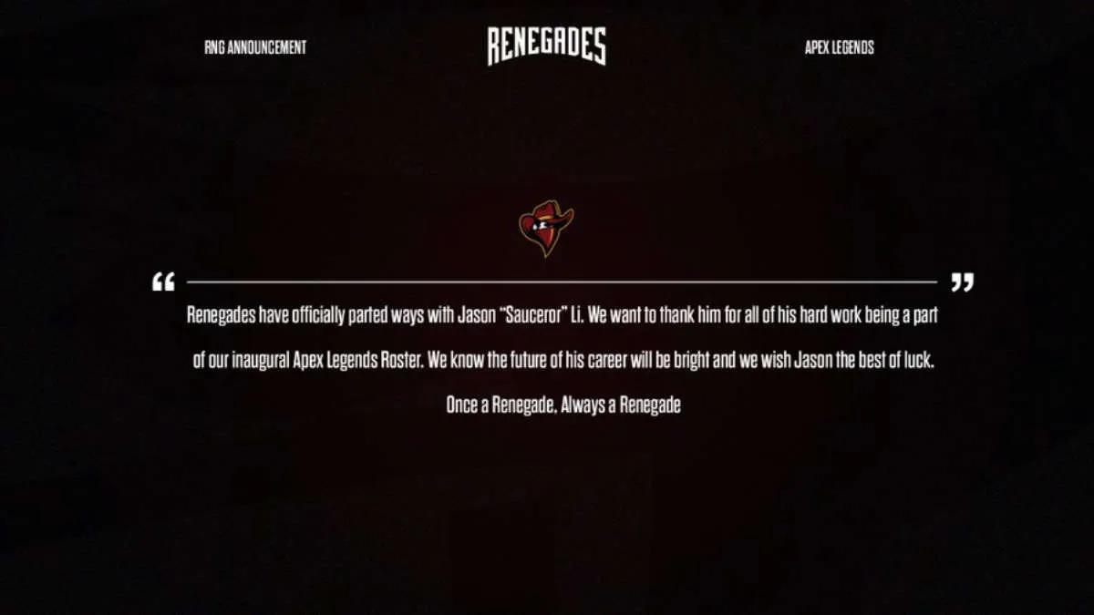 Sauceror покинул состав Renegades по Apex Legends