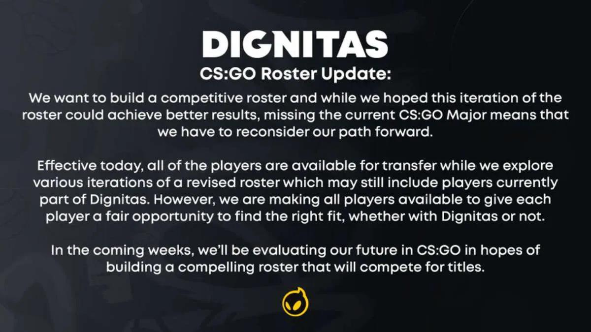 Dignitas выставляет состав по CS:GO на трансфер