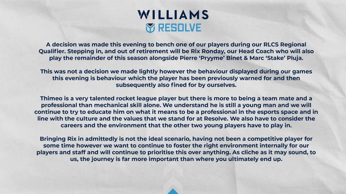 Williams Resolve отправляют saizen на скамью запасных
