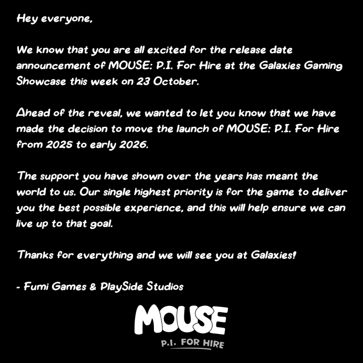MOUSE: P.I. For Hire Pushed to Early 2026, New Date Expected at Galaxies Gaming Showcase 1