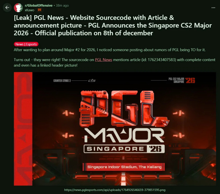 Leak Reveals PGL CS2 Major 2026 Set for Singapore 1