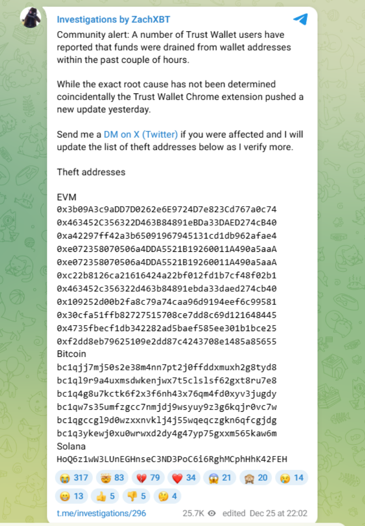 Возможный взлом расширения для браузера Trust Wallet: миллионы украдены у пользователей 1