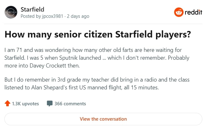 Retired Gamers Eager to Dedicate Their Time to Playing Starfield. Photo 1